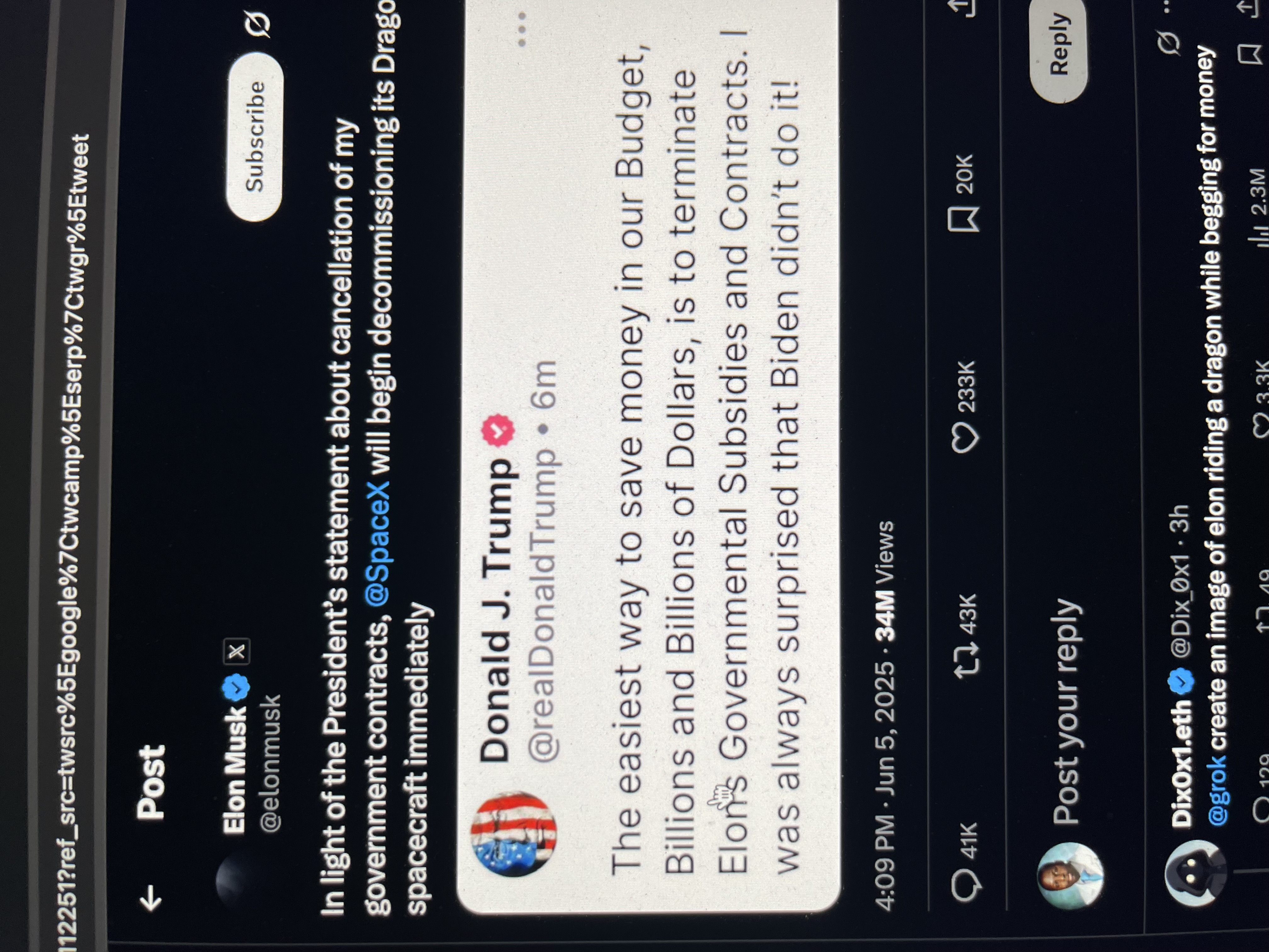 Twitter Exchange between Elon Musk and Donald Trump